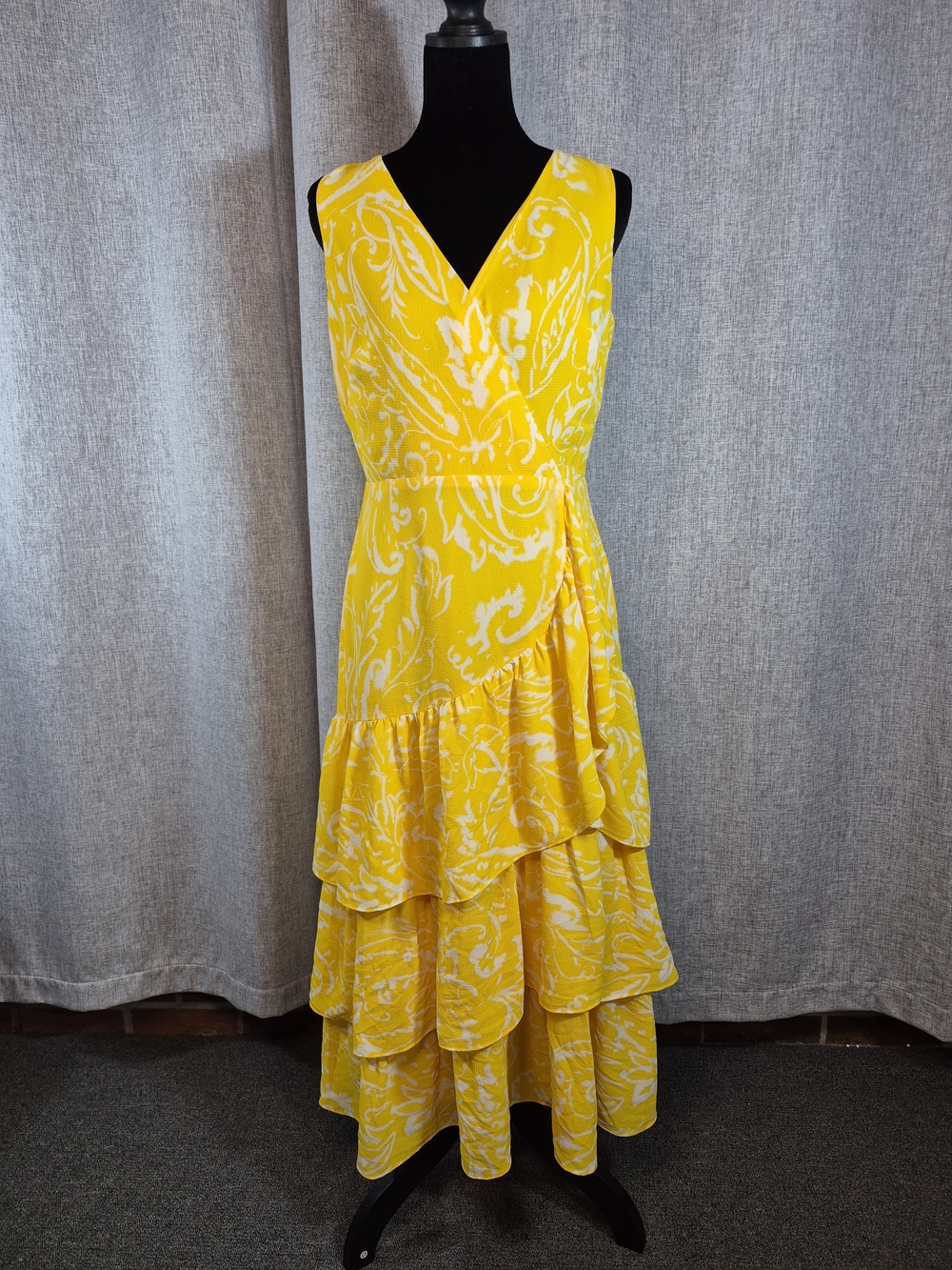 Lauren Ralph Lauren Yellow Paisley Print Faux Wrap Ruffle Midi Dress Size 2